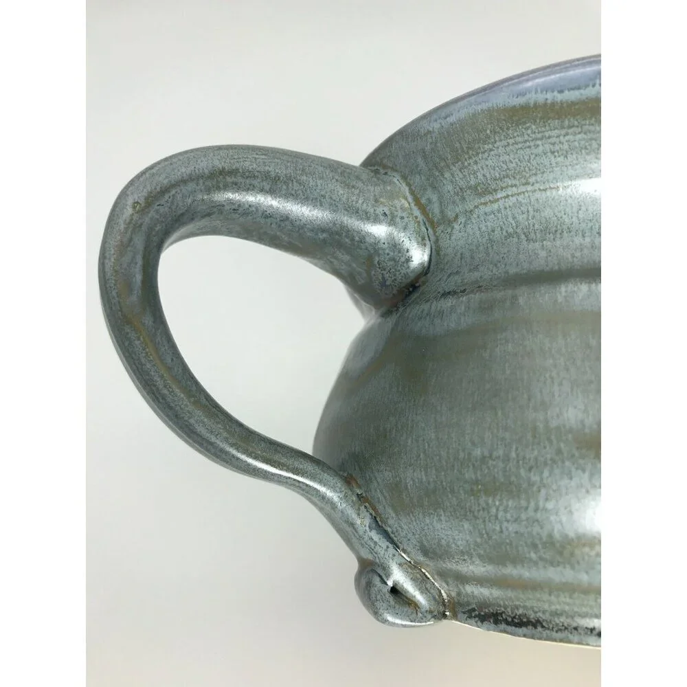 Art Pottery Large Creamer Blue Glaze Signed Dated Handle Ceramic Stoneware Gravy